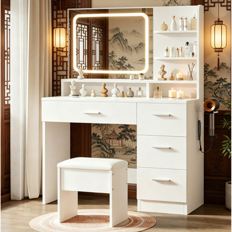 Le meuble-lavabo élégant comprend un miroir éclairé et des tiroirs de rangement; table de maquillage blanche pour femmes; convient à divers environnements, y compris les chambres à coucher, les salons et les dortoirs