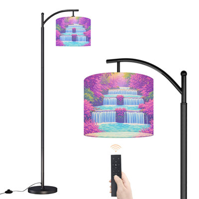 Lampe sur pied à arc avec abat-jour réglable, forêt thaïlandaise, cascade, arbres mauves, cascades, feuillage sur pied, 3 couleurs, intensité variable, lampe sur pied avec interrupteur au pied pour la chambre à coucher