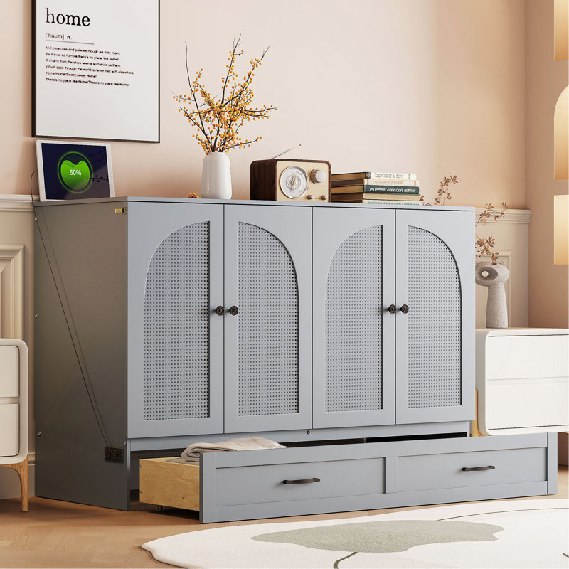 Full Size Murphy Bed With Large Drawers, Gray, Full