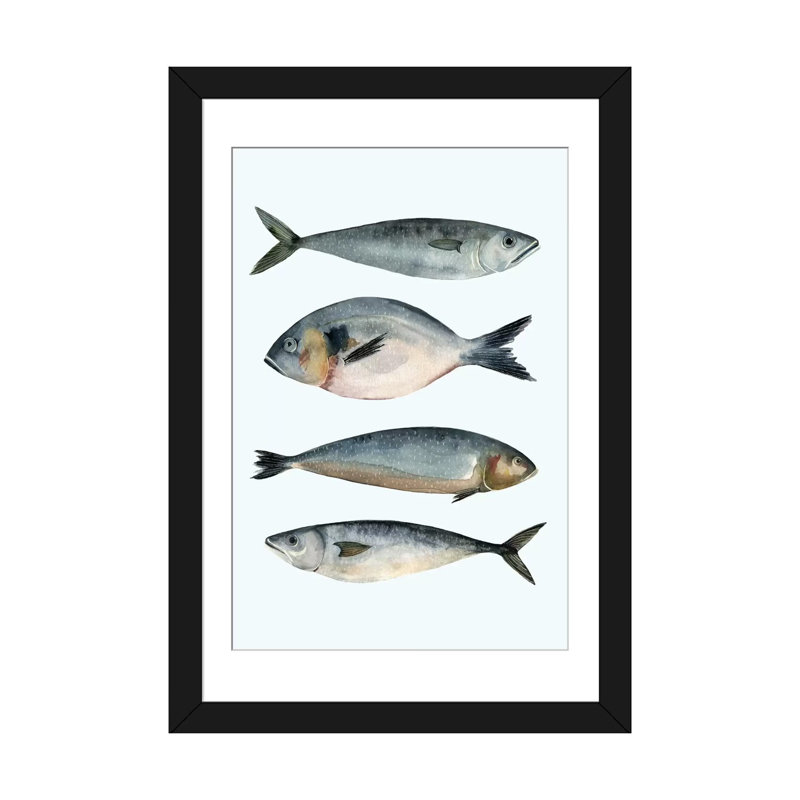 " Four Fish II " by Emma Scarvey, Black Framed Fine Art Paper, 32" H x 24" W x 1" D, White