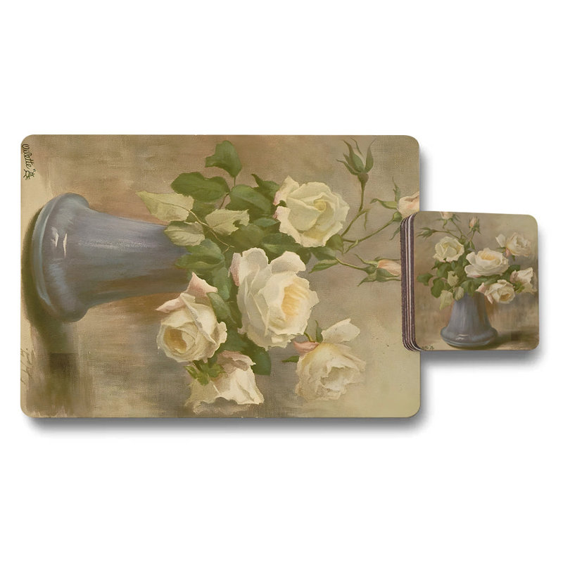 12 Piece Rose Bouquet Placemat And Coaster Set With Wood Base Limited Giclee Print Artwork