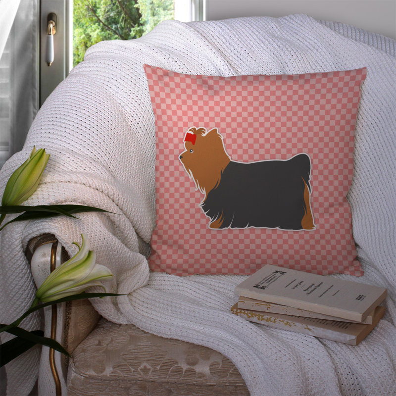 Coussin intérieur / extérieur Yorkshire Terrier, H 14 po x l 14 po x P 3 po, Noir / Rose