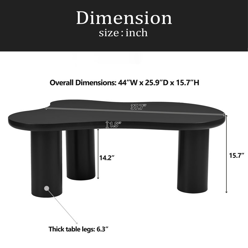 Table basse de 44 po x 25,9 po à assemblage facile avec table de bout irrégulière de style plateau de table de 1,5 po avec 3 pieds robustes et table centrale élégante avec bord rond pour le salon