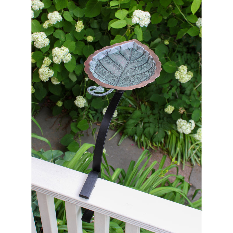Antique Copper Aspen Leaf Rail-Mounted Birdbath
