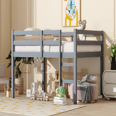 Lit mezzanine double en bois d'hévéa avec échelle, gris