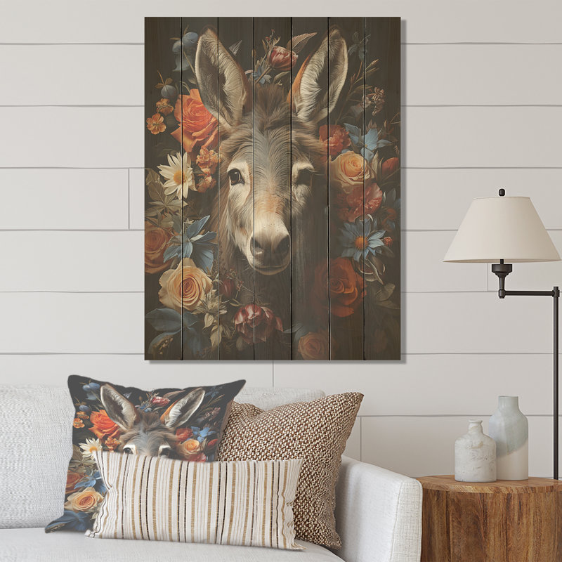 Joli âne avec des fleurs de couleur en harmonie - âne sur bois, H 40 po x l 30 po