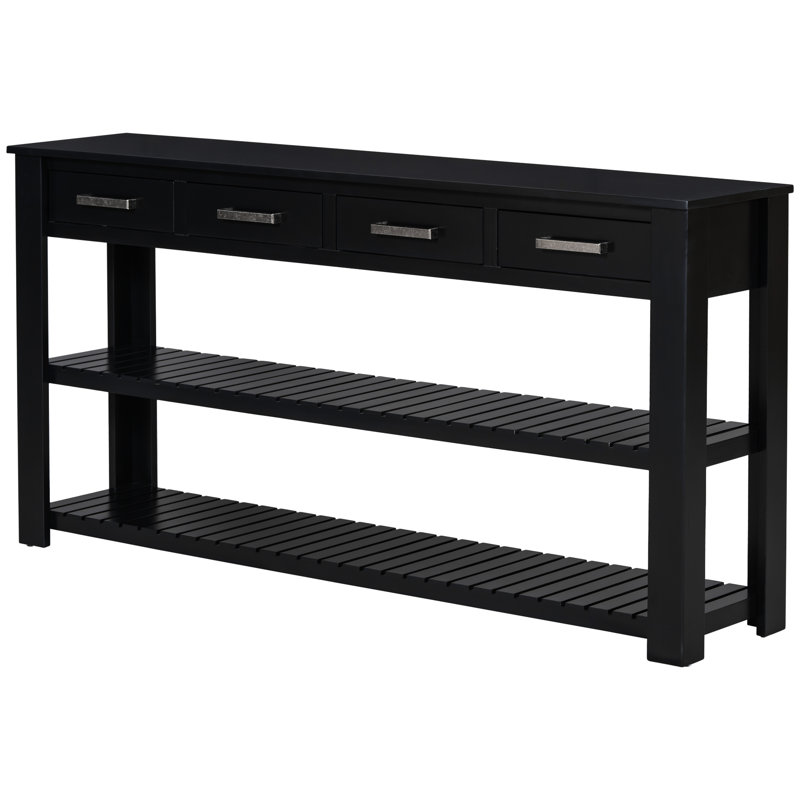 Élégante console en bois de pin noir, 4 tiroirs, 2 tablettes, console décorative en bois de pin, mobilier de maison moderne
