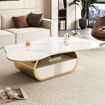 41.7" Wavy Faux Marble Coffee Table with Storage Drawer, Oval Metallic Base for Living Room, Gold+White
