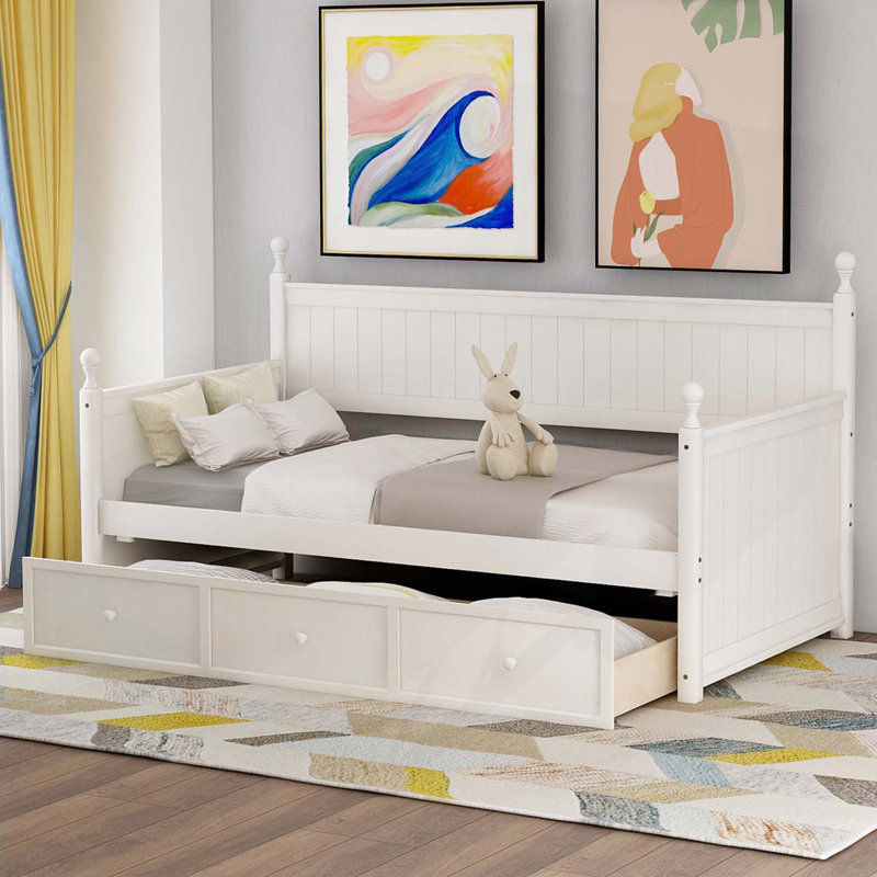 Lit de jour Butledge, lit de jour, lit simple, cadre de lit en bois, lit de jour avec tiroirs, Blanc