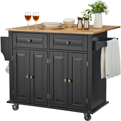 Chariot pour îlot de cuisine, chariots mobiles à plateau en bois de 43 po avec armoire de rangement, table roulante avec abattant, support à épices, barre à serviettes, tablette réglable, tiroir et crochets, îlots sur roulettes portables, noir
