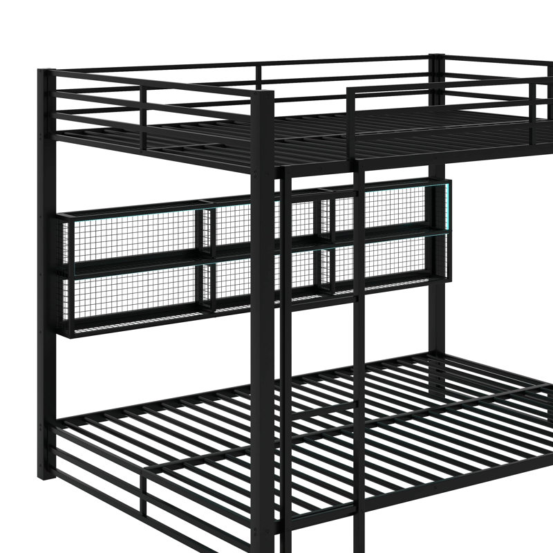 Queen Over Queen Bunk Bed With Storage Cabinets And LED