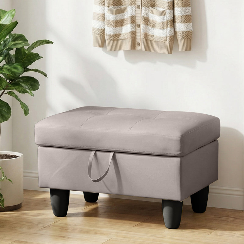 Rectangular Storage Ottoman Bench With Hinged Lid, Faux Leather Footrest For Living Room, Bedroom, Entryway, Champagne, 28.5"X19"X17.5"