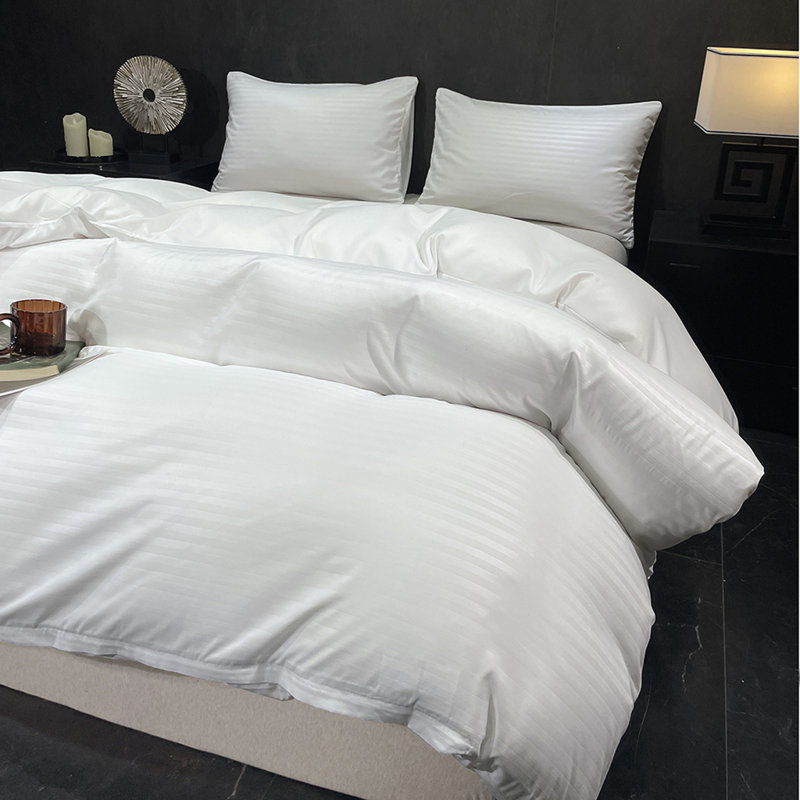 Literie Orylavena en microfibre à rayures satinées blanches avec 2 taies d'oreiller, grand lit, 3 pièces (garnitures non comprises)