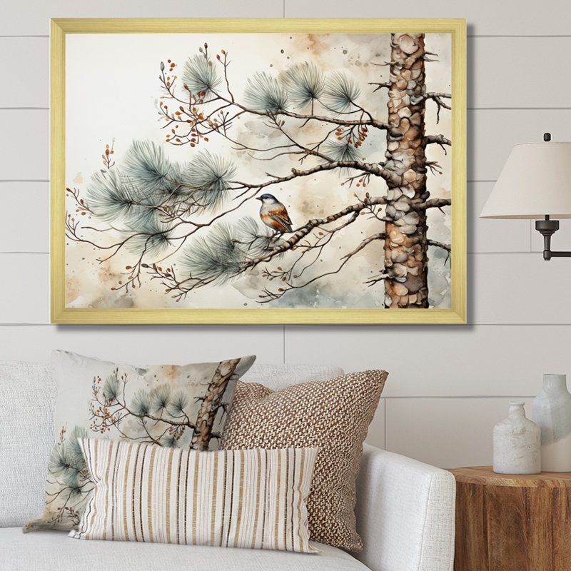 Décoration murale oiseau sur pin II, H 34 po x l 44 po x P 1,5 po, Cadre doré simple