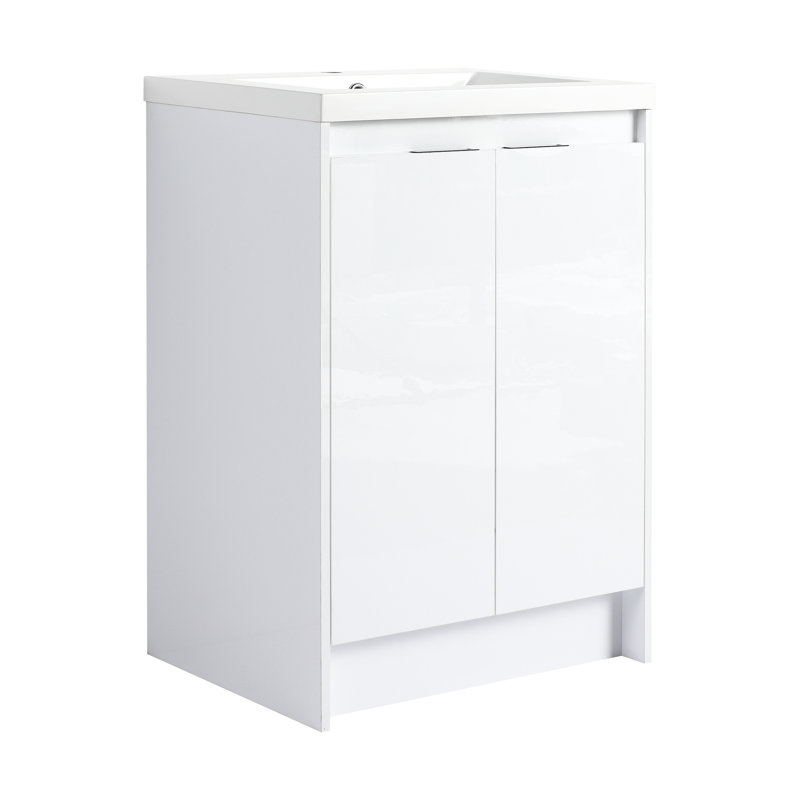Meuble-lavabo autoportant de 72 po avec lavabo en résine et compartiment de rangement simple, système de porte à fermeture douce, contreplaqué blanc pour un rangement pratique, mécanisme élégant et tendance