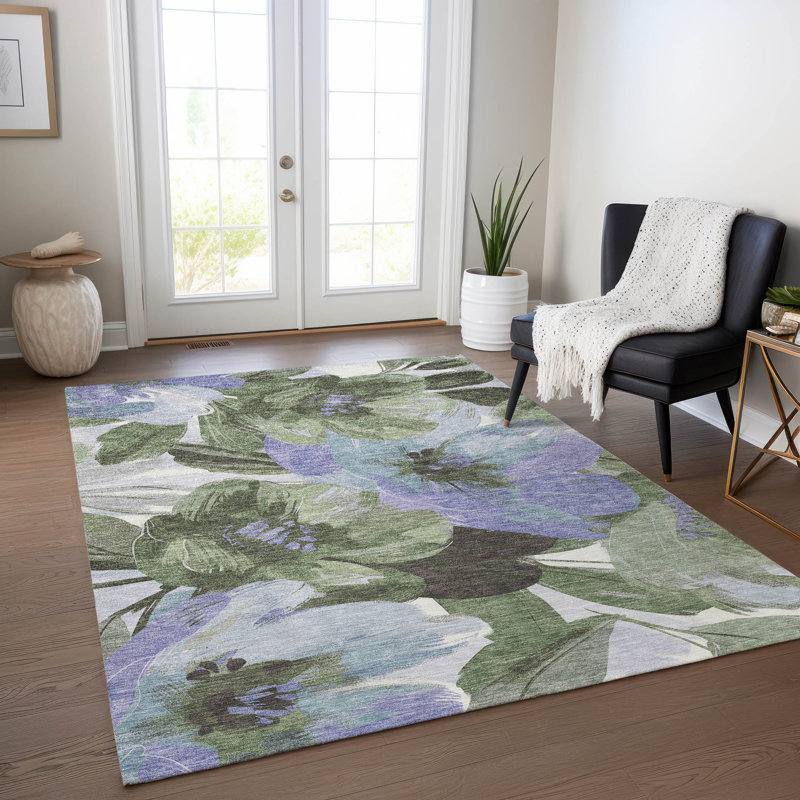 Olive and Blue Floral Synthetic Washable Area Rug