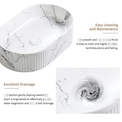 Lavabo de salle de bain ovale ovale de 19 po x 12 po en céramique de porcelaine de marbre noir et blanc, avec robinet d'aérateur, évier à finition de surface de haute qualité, drain rapide en céramique, teinture