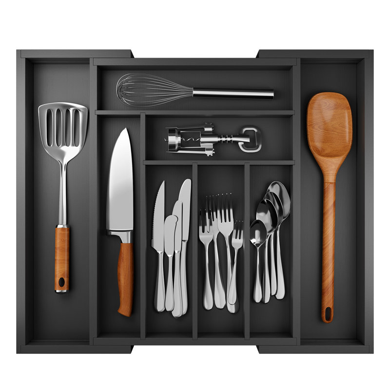 Luzius Bamboo Adjustable Expandable 8 Slot Flatware Drawer Organizer Silverware Organizer for Kitchen Utensils, Black