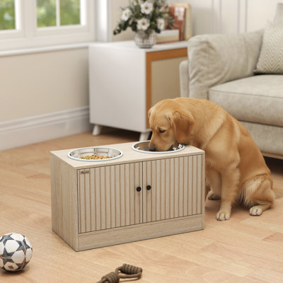 Bols pour chien surélevés avec armoire de rangement, support pour bol surélevé pour chien, station d'alimentation pour animaux avec alimentation lente et antidérapante, pour grands animaux de compagnie, chêne, bois