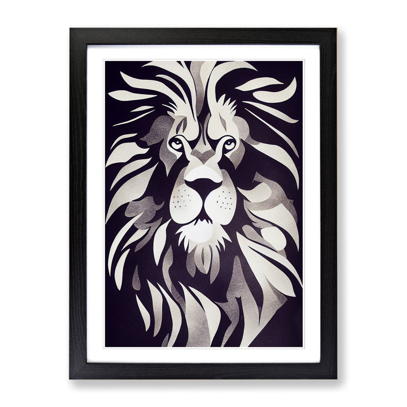 Lion Scandinavian - Single Picture Frame Print, Black, 46cm H x 34cm W x 2cm D