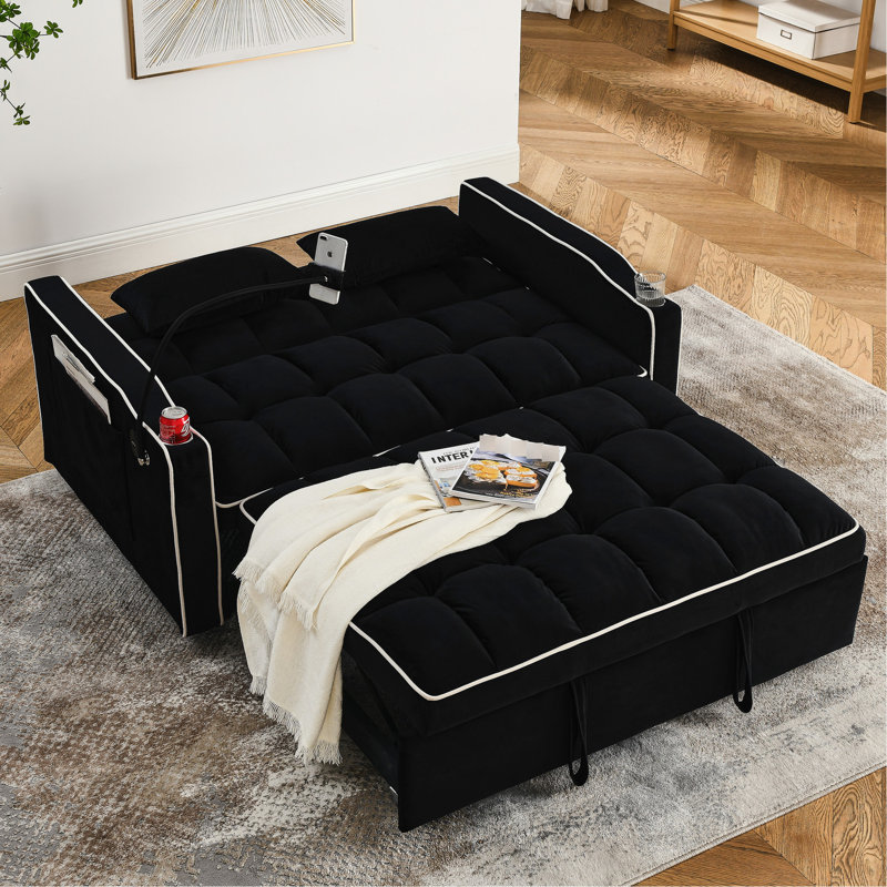Lit pliant en velours moderne avec dossier réglable et support pour téléphone - noir lustré et port (noir