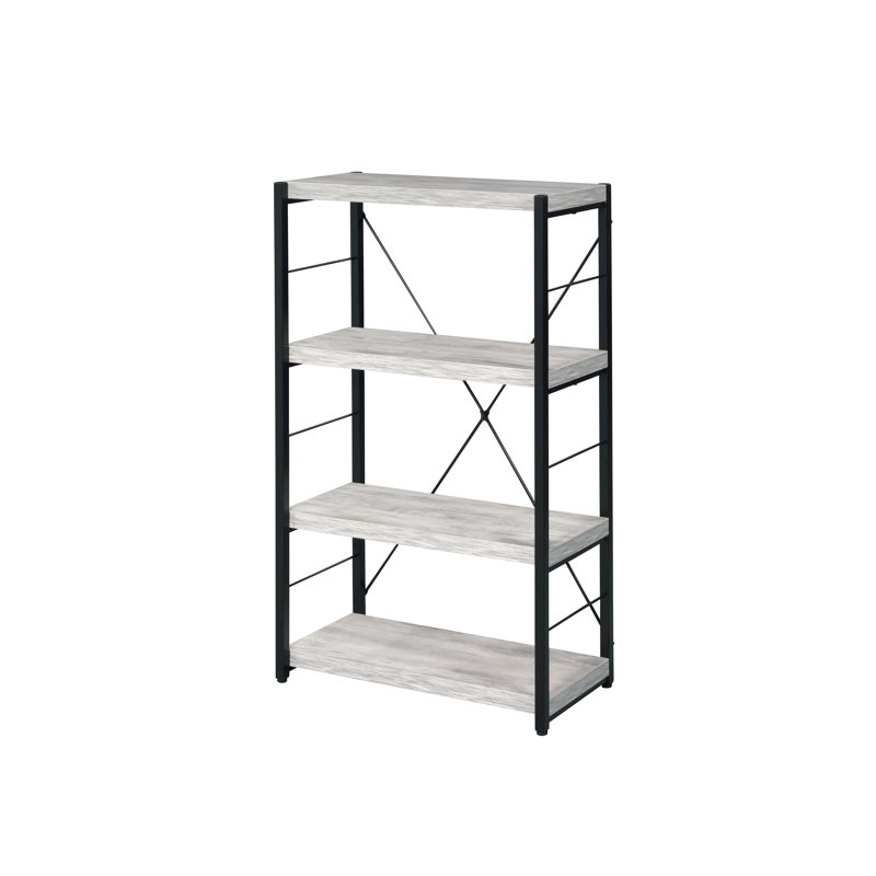 Étagère murale autoportante à hauteur de bibliothèque: 4 tablettes fixes (faux béton), base en métal, conception KD