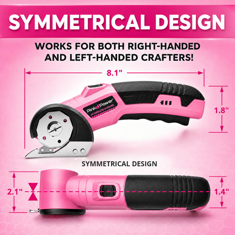 Ciseaux électriques sans fil Pink Power avec lame rotative ronde - Cutter rechargeable, outil de coupe de précision pour les loisirs créatifs, le bricolage, la couture, les tissus et les projets de loisirs.
