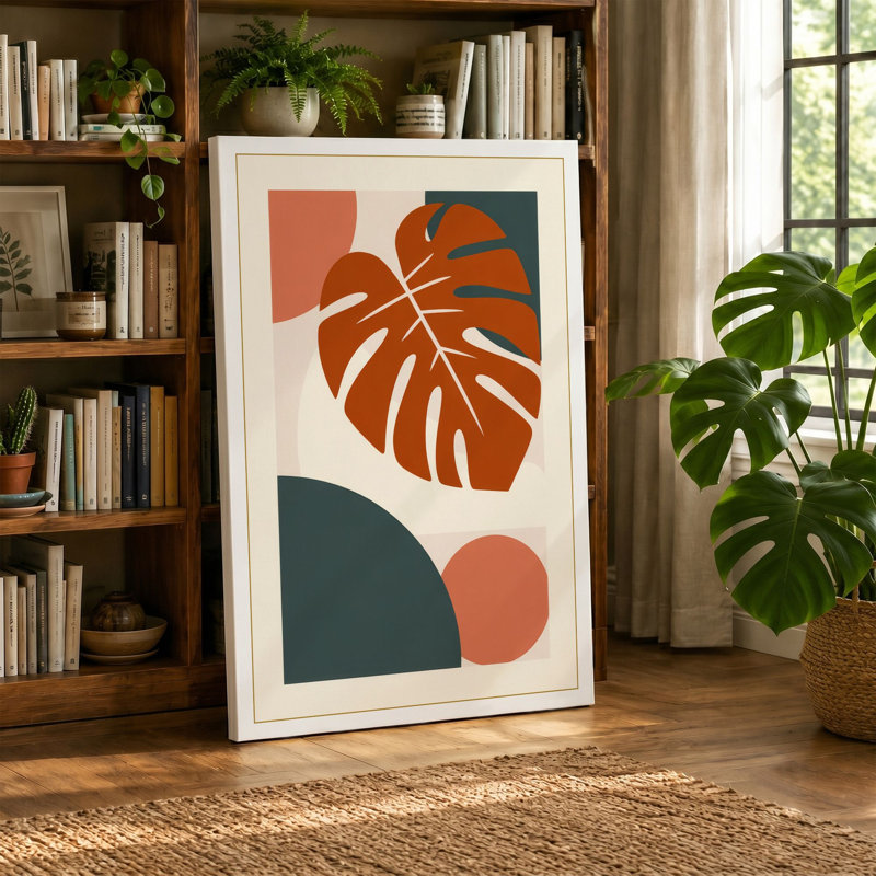 Monstera Geometry Mid-Century - Wrapped Canvas, 36x24 - 91.4 x 61.0 cm, Cream Border