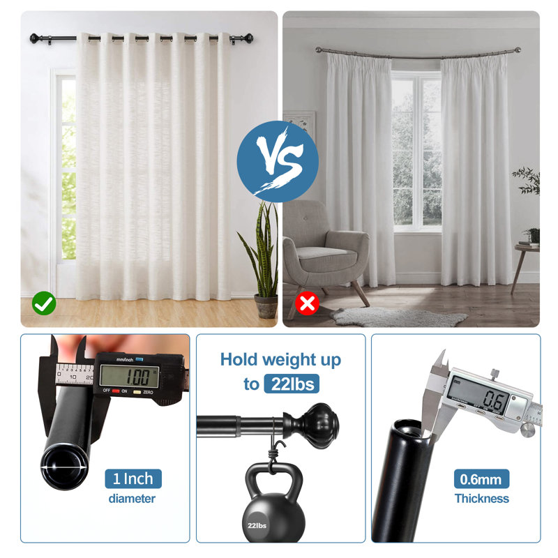 Black Adjustable Steel Single Curtain Rod Set