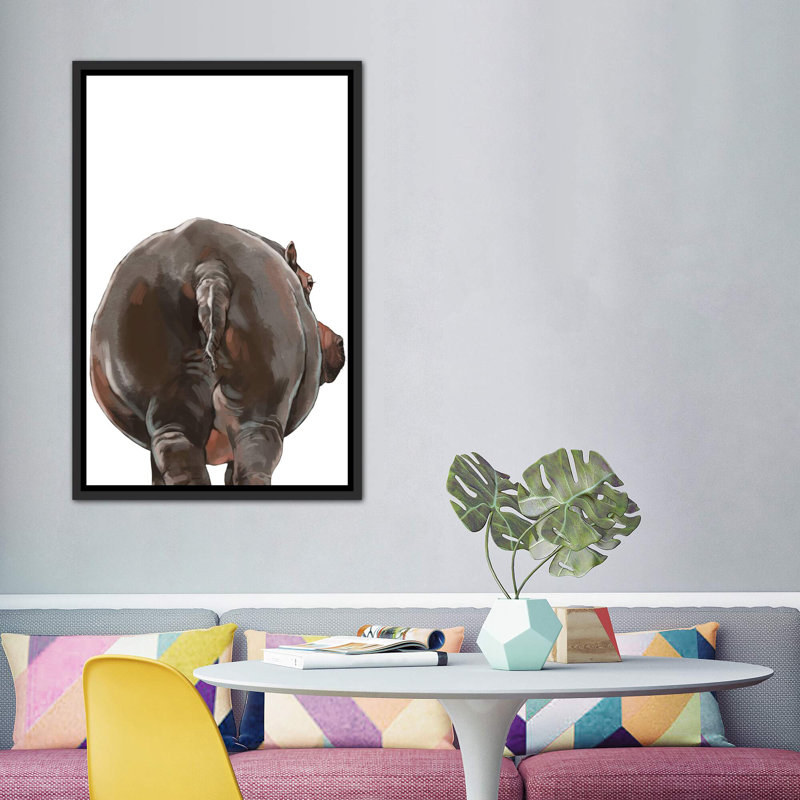 Art hippopotame, H 60 po x l 40po x P 1,5 po, Toile avec cadre noir