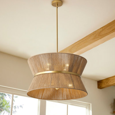 8-Light E12 White Rattan-Metal Chandelier, Dimmable, Adjustable Height, ETL Listed