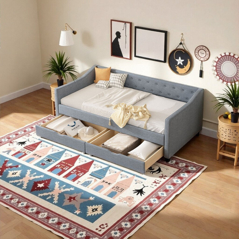 Twin Size Upholstered Daybed with Storage Drawers, Tufted Back Sofa Bed, Gray, Twin