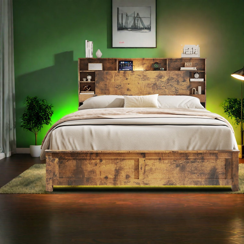 Lits Queen gain de place avec rangement moderne, cadre en bois foncé