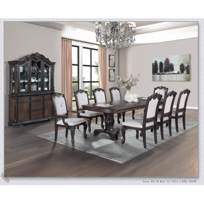 Formal 5pc Rectangular Dining Table with Extendable Leaf and Rich Dark Coffee Brown Finish, Solid Wood Double Pedestal Base and Matching Chairs