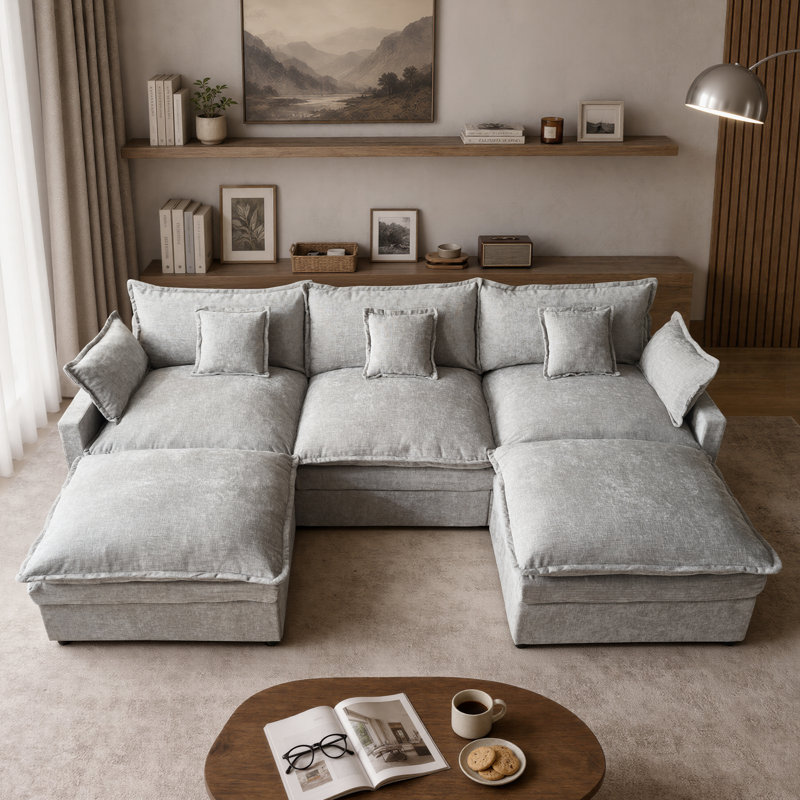 107.87'' W U-Shaped Sectional Sofa with 2 Ottomans, Gray