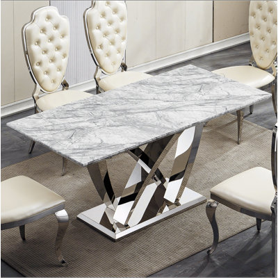 Table de salle à manger en marbre pour 6 personnes, table de salle à manger rectangulaire en faux marbre 70 po avec base en acier inoxydable à finition miroir, table de cuisine moderne en marbre de grande taille (table seulement)