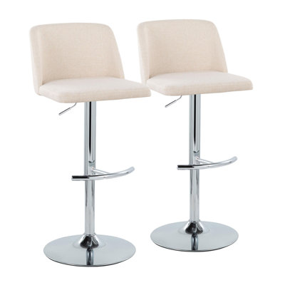 Ensemble de 2 tabourets de bar pivotants et réglables au style contemporain - Siège en tissu couleur crème, piètement chromé et repose-pieds arrondi en forme de T