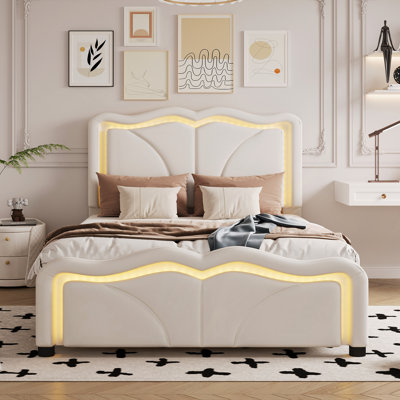 Upholstered Platform Bed With Curve Shaped And Height-Adjustbale Headboard,LED Light Strips by Mercer41