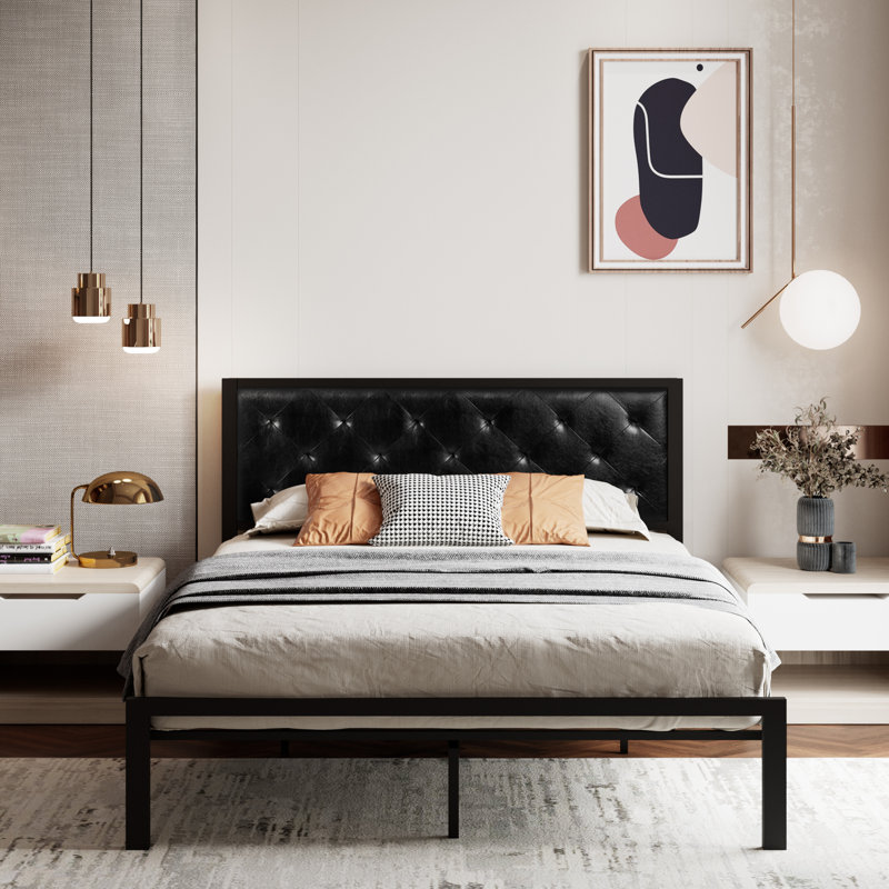 Base de lit plateforme en métal avec tête de lit tapissier Baca, Double, Noir