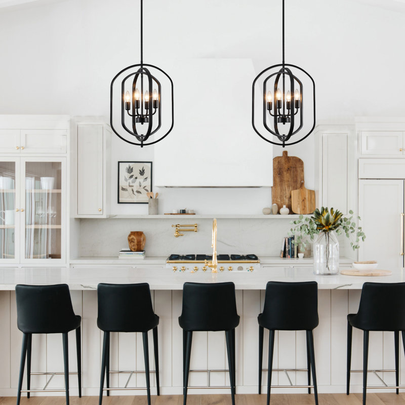 4-Light 16 in. Black Modern Geometric Chandelier Adjustable Lantern Pendant Light Fixture for Dining Room, Matte Black