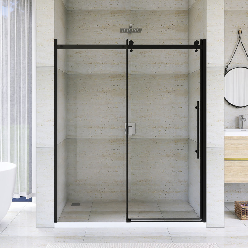 60.In W X 72.In H Sliding Door Semi-Frameless Shower Door In Matted Black Finish