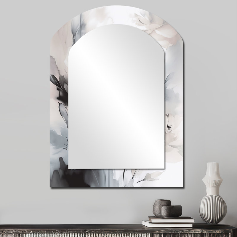 Delicate Grey Flowers V - Floral Arch Decorative Mirror, White Asymmetrical Wall Mirror, Printed Metal Art, 34'' x 25''
