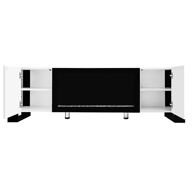 Meuble télé avec foyer 34,3 po, centre de divertissement blanc ultrabrillant pour téléviseur de 78 po, minimaliste moderne avec 2 armoires