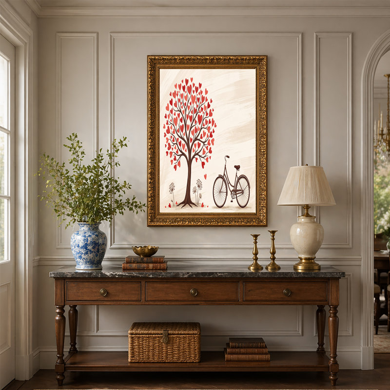 Art mural sur toile, "Red Heart Tree" et bicyclette rétro, H 32 po x l 48 po