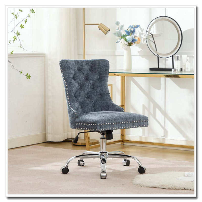 Fauteuil de bureau chenille capitonné à boutons avec base en métal chromé, chaise de bureau pivotante réglable, Bleu clair