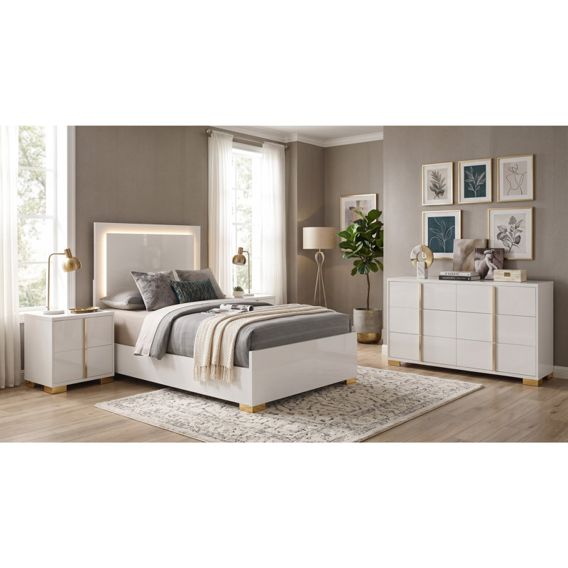 Ensemble de chambre à coucher 4 pièces Maxwell, White, 4 Pcs: Bed, Dresser, 2 Nightstands, Twin
