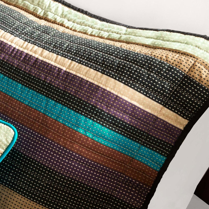 Reversible Twin/twin Xl Quilt , Microfiber For Simple Maintenance, Purple Teal Earth Tones, 3 Decorative Zig Zag And Stripe Pillows, Mesh With Thin Striping, Decor Throw Pillow Microfiber, Stripes,