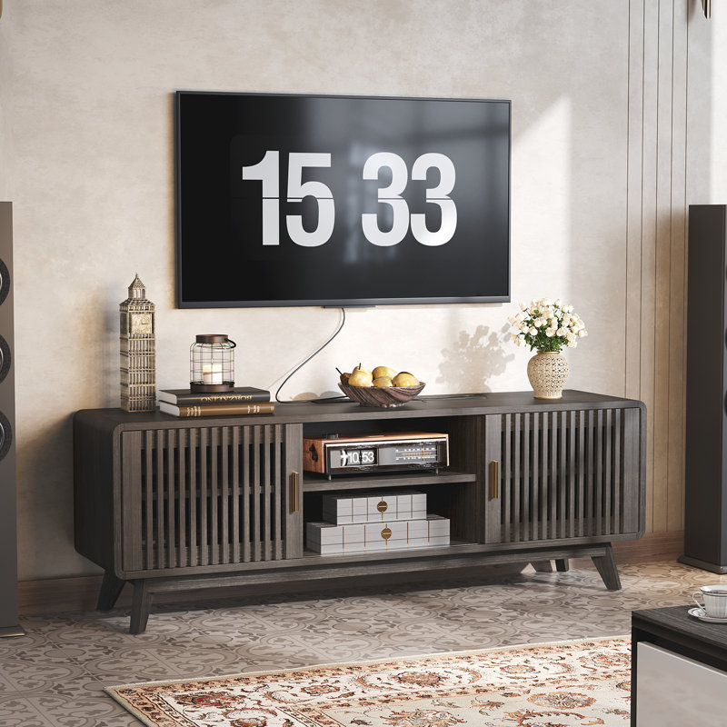 Maggie 63'' For Tvs Up To 72", Tv Console With 2 Sliding Doors In Grille Design And Charging Station, Mid Century Modern Entertainment Center With Storage For Living Room