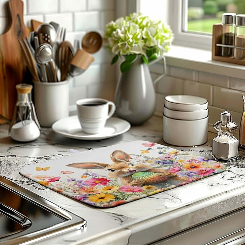 Easter Bunny Rabbit Eggs Flowers Microfiber Dish Drying Mat Absorbent Kitchen Countertop Tableware Decor