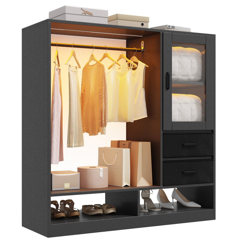  Dresser with Hanging Rack, Clothes Rack Dresser for Bedroom with LED Lights, Dresser with Fabric Drawers and Glass Cabinet, Chest of Drawer for Hallway, Living Room,Black